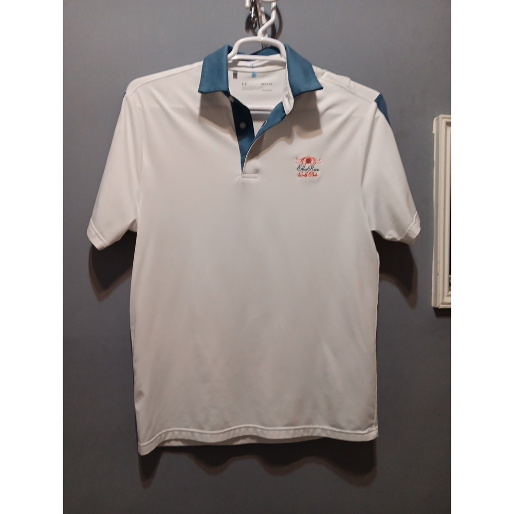 Under Armour Polo Golf Shirt Mens M Ellas Run Golf Club White No Stains